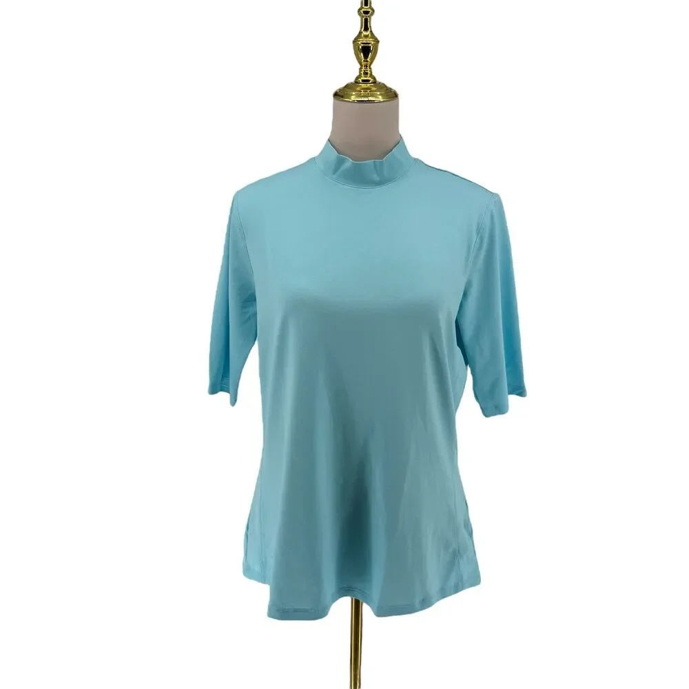 Adidas Golf Shirt Women's Large Bliss Blue Mock Neck UPF 50 Stretch HM5543 NWT - Picture 2 of 14
